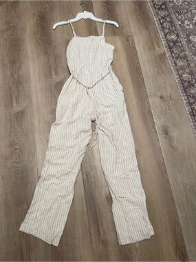 Striped Cream Wide-Leg Linen Jumpsuit